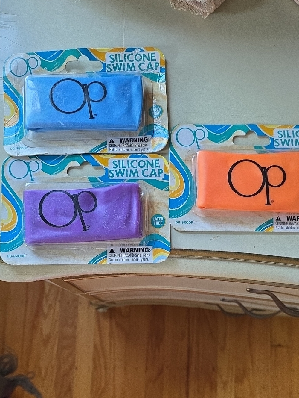 Set Of 3 Ocean Pacific Silicone Swim Caps, pre-teen To Teen.